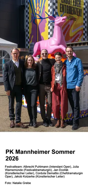 Mannheimer Sommer Festivalteam: Albrecht Puhlmann (Intendant Oper), Julia Warnemünde (Festivaldramaturgin), Jan Dvořák (Künstlerischer Leiter), Cordula Demattio (Chefdramaturgin Oper), Jakob Kotzerke (Künstlerischer Leiter). | Foto: Natalie Grebe