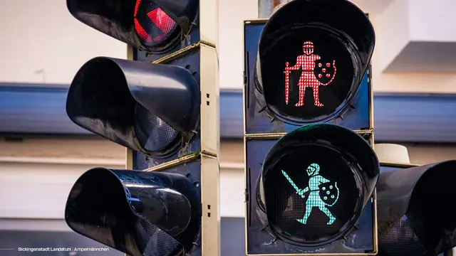 Visualisierung des neuen Landstuhler Ampelmännchens „Sicki“: Die Fußgängerampel zeigt einen Ritter mit Schild und Schwert in Rot und Grün. Die Figur soll künftig an mehreren Ampeln entlang der Kaiserstraße eingesetzt werden.