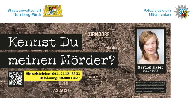 Mit Bannern und Flyern erinnert die Fürther Kriminalpolizei an den ungeklärten Mordfall Marion Baier aus dem Jahr 1973. Im Cold Case hofft die Polizei mit der Plakat-Aktion nahe des Tatorts auf neue Hinweise. | Foto: Polizeipräsidium Mittelfranken