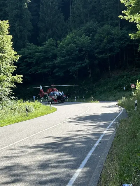Ein 18-jähriger Motorradfahrer ist auf der B48 im Wellbachtal bei Rinnthal verunglückt. Der Verletzte wurde mit einem Rettungshubschrauber ins Krankenhaus gebracht, die Bundesstraße war rund eine Stunde gesperrt. | Foto: Polizeidirektion Landau