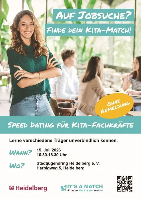 Plakat zum Speed-Dating für Kita-Fachkräfte am 15. Juli 2026.  | Foto: Stadt Heidelberg (Foto: Commha Consulting)