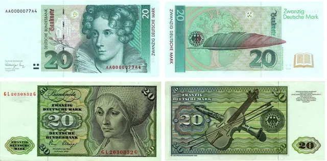 20 DM-Schein (Bläulichgrün): Auf der Vorderseite der Banknote war die Dichterin Annette von Droste-Hülshoff, auf der Rückseite des 20-Mark-Scheins eine Schreibfeder und eine Buche, mit der auf Annette von Droste-Hülshoffs Novelle "Die Judenbuche" Bezug genommen wird., zu sehen.

20 Deutsche Mark, Erstausgabe 10. Februar 1961:
Die vorherrschenden Farben der Vorderseite sind Grün und grünlich getöntes Schwarz, die der Rückseite Blauschwarz, Olivgrün und Braunschwarz. Das große Frauenbild­nis stellt die Nürnberger Patrizier- und Kaufmannsfrau Elsbeth Tucher nach einem Gemälde von Albrecht Dürer dar. Das Original befindet sich in den Staatlichen Kunst­sammlungen in Kassel. Das Hauptmotiv der Rückseite, eine Geige mit Bogen und - teilweise von der Geige verdeckt - eine Klarinette, :soll die „Welt der deutschen Musik"' symbolisieren.  | Foto: Deutsche Bundesbank