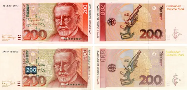 200 Deutsche-Mark-Banknote, Schein in Rotorange: Auf der Vorderseite war Paul Ehrlich (1854 - 1915), Mediziner und Serologe. Im Hintergrund historische Gebäude der Stadt Frankfurt. Auf der Rückseite des 200 DM-Scheins: Ein Mikroskop, das von Paul Ehrlich bei seiner Arbeit häufig benutzte Instrument zu sehen. | Foto: Deutsche Bundesbank