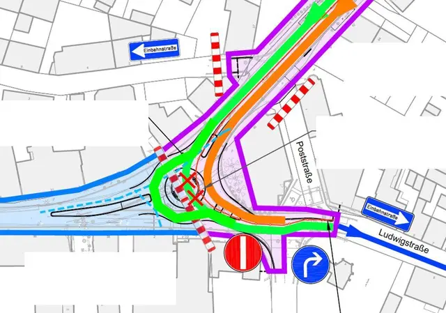 Verkehrsplan zum Ausbau der Kaiserstraße in Landstuhl mit neuer Verkehrsführung nach den Asphaltarbeiten im Bauabschnitt 3a und dem anschließenden Bauabschnitt 3b.