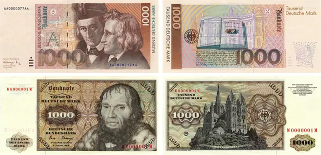 Alte D-Mark-Münzen und Scheine können bis heute zum alten Wechselkurs umgetauscht werden.
1000 DM-Schein:  Auf der Vorderseite der Banknote war Sprachwissenschaftler und Sammler deutschen Sprach- und Kulturguts Wilhelm (1786 - 1859) und Jacob Grimm , auf der Rückseite Das "Deutsche Wörterbuch" und die Königliche Bibliothek in Berlin, eine der Wirkungsstätten der Grimms. zu sehen.

Banknote zu 1000 Deutsche Mark, Erstausgabe 27. Juli 1964: Die vorherrschenden Farben der Vorderseite sind Schwarzbraun, Braun und Rötlichbraun, die der Rückseite Schwarzbraun, Braunoliv und Rötlichbraun. Das große Kopfbild noch einem Gemälde von Lucas Cranach d. Ä. stellt noch neueren Forschungen vermutlich den Magdeburger Theologen Dr. Johannes Scheyring dar. Das Original befindet sich in den Königlich-Belgischen Museen der Schonen Künste in Brüssel. Das Hauptmotiv der Rückseite, eine Ansicht des Doms zu Limburg an der Lahn, soll die „romanische Baukunst'" in Deutschland symbolisieren.  | Foto: Deutsche Bundesbank
