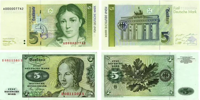 5 Mark-Schein (Grünlichgelb): Auf der Vorderseite war die Schriftstellerin Bettina von Arnim, auf der Rückseite das Brandenburger Tor zu sehen.

5 Deutsche Mark, Erstausgabe der Banknote: 6. Mai 1963:
Die vorherrschenden Farben der Vorder- und Rückseite sind Olivgrün, Dunkelgrün und Braun. Das große Kopfbild stellt eine junge Venezianerin noch einem Gemälde von Albrecht Dürer dar. Das Original befindet sich im Kunsthistorischen Museum in Wien. Das Hauptmotiv der Rückseite, ein Zweig mit Eichenblättern und Eicheln, soll die "deutsche Natur" symbolisieren.  | Foto: Deutsche Bundesbank