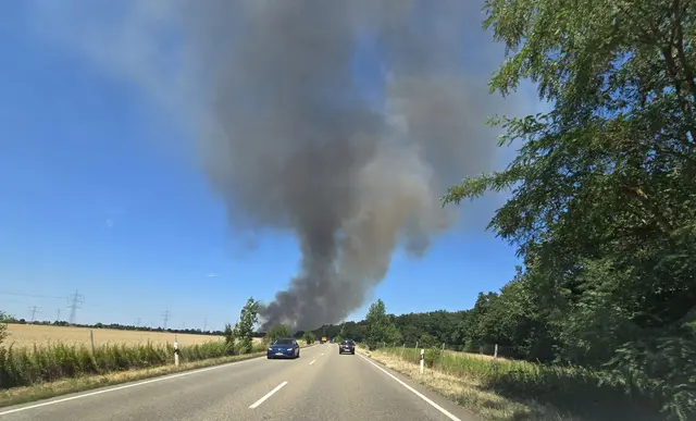 Eine Rauchsäule steigt am Fahrbahnrand der B36 in Linkenheim-Hochstetten auf. | Foto: Thomas Riedel/dpa