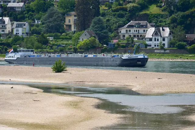 Ein Frachtschiff passiert eine Untiefe im Rhein bei Oberwesel - schon vor Wochen sind die Wasserstände hier gesunken. (Archivbild) | Foto: Thomas Frey/dpa