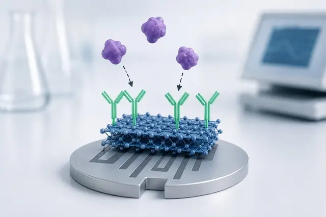 Schematische Darstellung eines MXen-basierten elektrochemischen Biosensors  | Foto: Hochschule KL/KI-generiert
