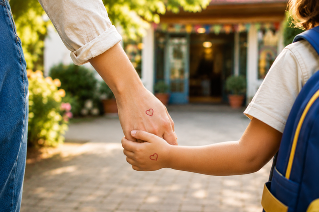 Kleine Rituale erleichtern den Start in den Kindergarten: Wie zum Beispiel ein kleines Herz auf dem Handrücken, um trotz der Trennung verbunden zu bleiben.  | Foto: Verena Leininger / mit KI erstellt