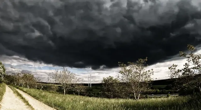 Dunkle Gewitterwolken ziehen über Felder und Bäume in der Südwestpfalz auf.
