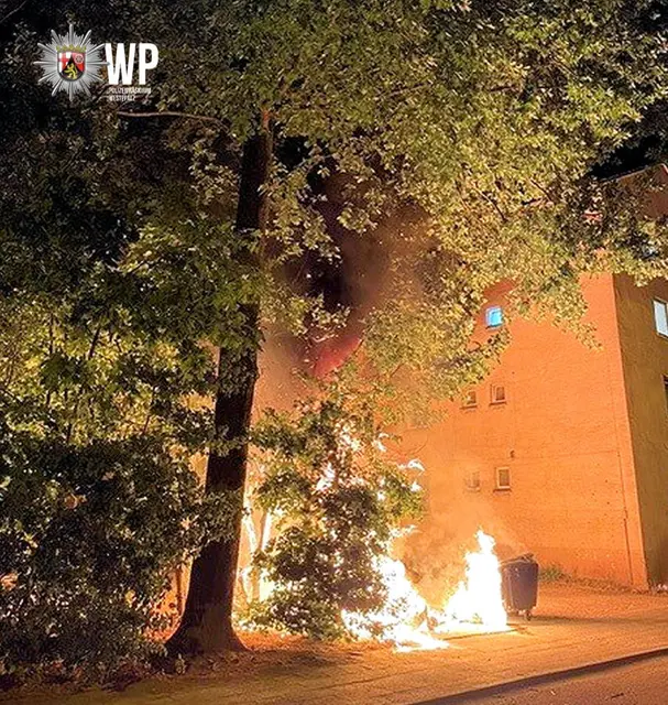 Im Asternweg in Kaiserslautern brannte in der Nacht zu Mittwoch eine Mülltonne. Das Feuer beschädigte laut Polizei auch Bäume und mehrere Fahrräder, nun werden Zeugen gesucht. | Foto: Polizeipräsidium Westpfalz