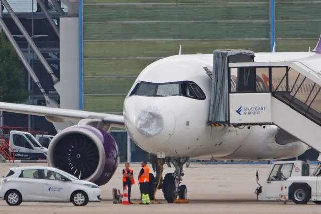 Einiges abbekommen durch ein Unwetter hat ein Flugzeug auf dem Weg nach Stuttgart.  | Foto: ---/SDMG/dpa