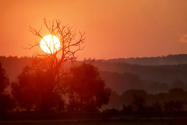 Die aufgehende Sonne färbt den Himmel am Morgen rot. | Foto: Thomas Warnack/dpa