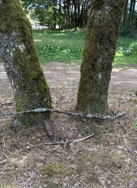 Eine Weltkriegsgranate ist am Sonntag auf einem Wanderparkplatz an der L150 bei Thalfang entdeckt worden. Polizei und Kampfmittelräumdienst sicherten den Bereich ab und bargen das noch mit Resten von Explosivstoff gefüllte Kampfmittel fachgerecht. | Foto: Polizeidirektion Trier