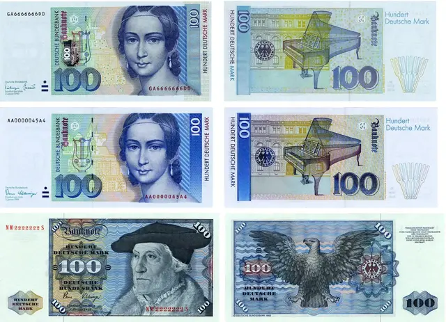 100 DM-Scheine (Rotorange):  Auf der Vorderseite war Pianistin und Komponistin Clara Schumann, auf der Rückseite ein Konzertflügel sowie das Hochsche Konservatorium in Frankfurt, an dem Clara Schumann viele Jahre lehrte, zu sehen.

Banknote zu 100 Deutsche Mark, Erstausgabe 26. Februar 1962: Die vorherrschenden Farben der Vorder- und Rückseite des Scheines sind Schwarzblau, Mittelblau und Braunrot. Das große Kopfbild stellt den Kosmographen Sebastian Münster nach einem Gemälde von Christoph Amberger dar. Das Original befindet sich im Besitz der Stiftung Preußischer Kulturbesitz, Staatliche Museen, Gemäldegalerie in Berlin-­Dahlem. Das Hauptmotiv der Rückseite, ein Adler mit ausgebreiteten Schwingen, soll das "Staatsbewusstsein" der Deutschen verkörpern.  | Foto: Deutsche Bundesbank