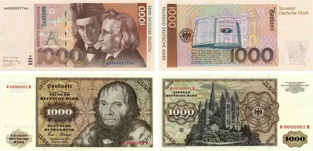 Alte D-Mark-Münzen und Scheine können bis heute zum alten Wechselkurs umgetauscht werden.
1000 DM-Schein:  Auf der Vorderseite der Banknote war Sprachwissenschaftler und Sammler deutschen Sprach- und Kulturguts Wilhelm (1786 - 1859) und Jacob Grimm , auf der Rückseite Das "Deutsche Wörterbuch" und die Königliche Bibliothek in Berlin, eine der Wirkungsstätten der Grimms. zu sehen.

Banknote zu 1000 Deutsche Mark, Erstausgabe 27. Juli 1964: Die vorherrschenden Farben der Vorderseite sind Schwarzbraun, Braun und Rötlichbraun, die der Rückseite Schwarzbraun, Braunoliv und Rötlichbraun. Das große Kopfbild noch einem Gemälde von Lucas Cranach d. Ä. stellt noch neueren Forschungen vermutlich den Magdeburger Theologen Dr. Johannes Scheyring dar. Das Original befindet sich in den Königlich-Belgischen Museen der Schonen Künste in Brüssel. Das Hauptmotiv der Rückseite, eine Ansicht des Doms zu Limburg an der Lahn, soll die „romanische Baukunst'" in Deutschland symbolisieren.  | Foto: Deutsche Bundesbank