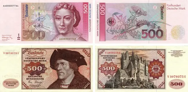 500 DM-Banknote: Schein in Rotpurpur. Auf der Vorderseite war Maria Sibylla Merian (1647 - 1717), Malerin, Kupferstecherin und Naturforscherin, auf der Rückseite Ein Löwenzahn, auf dem Raupe und Falter des "Grauen Streckfußes" sitzen. zu sehen.

Banknote zu 500 Deutsche Mark, Erstausgabe 26. April 1965: 
Die vorherrschenden Farben der Vorderseite sind Rot, Rötlichbraun und Violettrot, die der Rückseite Rot, Broun und Gelblichrot. Das große Kopfbild auf dem Schein ist einem Gemälde von Hans Maler von Schwaz entnommen, das sich unter der Bezeichnung Bildnis. eines bartlosen Mannes im Kunsthistorischen Museum in Wien befindet. Das Hauptmotiv der Rückseite, eine Ansicht der Burg Eltz, soll die „deutsche Ritterlichkeit" verkörpern.  | Foto: Deutsche Bundesbank