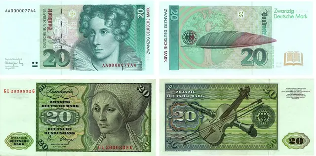 20 DM-Schein (Bläulichgrün): Auf der Vorderseite der Banknote war die Dichterin Annette von Droste-Hülshoff, auf der Rückseite des 20-Mark-Scheins eine Schreibfeder und eine Buche, mit der auf Annette von Droste-Hülshoffs Novelle "Die Judenbuche" Bezug genommen wird., zu sehen.

20 Deutsche Mark, Erstausgabe 10. Februar 1961:
Die vorherrschenden Farben der Vorderseite sind Grün und grünlich getöntes Schwarz, die der Rückseite Blauschwarz, Olivgrün und Braunschwarz. Das große Frauenbild­nis stellt die Nürnberger Patrizier- und Kaufmannsfrau Elsbeth Tucher nach einem Gemälde von Albrecht Dürer dar. Das Original befindet sich in den Staatlichen Kunst­sammlungen in Kassel. Das Hauptmotiv der Rückseite, eine Geige mit Bogen und - teilweise von der Geige verdeckt - eine Klarinette, :soll die „Welt der deutschen Musik"' symbolisieren.  | Foto: Deutsche Bundesbank