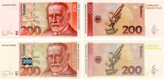 200 Deutsche-Mark-Banknote, Schein in Rotorange: Auf der Vorderseite war Paul Ehrlich (1854 - 1915), Mediziner und Serologe. Im Hintergrund historische Gebäude der Stadt Frankfurt. Auf der Rückseite des 200 DM-Scheins: Ein Mikroskop, das von Paul Ehrlich bei seiner Arbeit häufig benutzte Instrument zu sehen. | Foto: Deutsche Bundesbank