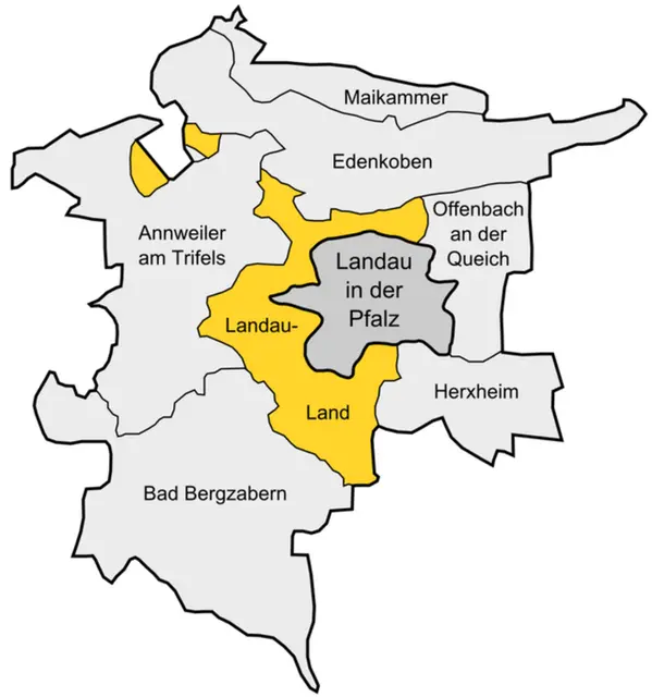 LD Kennzeichen: Wo gibt es das LD Kennzeichen? Die Karte der Stadt Landau und der umliegenden Gemeinden ist für das Kennzeichen irrelevant. Nur in der Stadt Landau in der Pfalz (dunkelgrau) gilt das Kfz-Kennzeichen mit dem Kürzel LD. Die Verbandsgemeinde Landau-Land gehört zum Landkreis SÜW. | Foto: Lencer/wikimedia commons