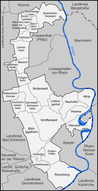 Information: Karte der Gemeinden des Rhein-Pfalz-Kreises, sowie der umliegenden Landkreise und Kreisfreien Städte. Hier gilt überall das Kfz-Kennzeichen mit dem Kürzel RP.  | Foto: Lencer/wikimedia commons