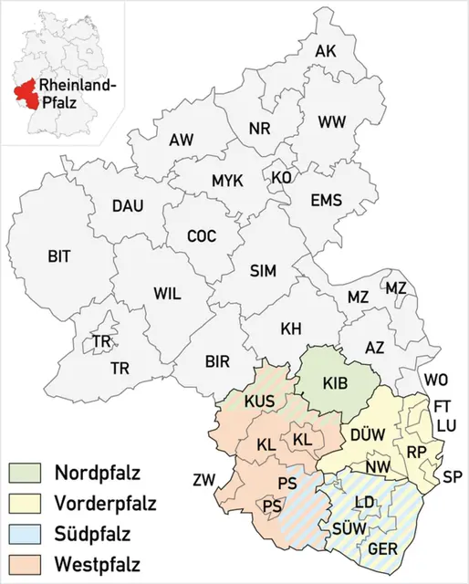 LD Kennzeichen: Überblick von ganz Rheinland-Pfalz: Landau in der Pfalz liegt in der Südpfalz im Bundesland Rheinland-Pfalz. Das LD Kennzeichen gilt in Landau. Die umliegenden Landkreise sind SÜW (Südliche Weinstraße) und GER (Germersheim). | Foto: Maximilian Dörrbecker (Chumwa)/wikimedia commons