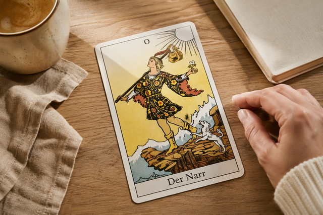 Tarotkarte Der Narr auf Holztisch bei natürlichem Licht neben Tasse und Notizbuch