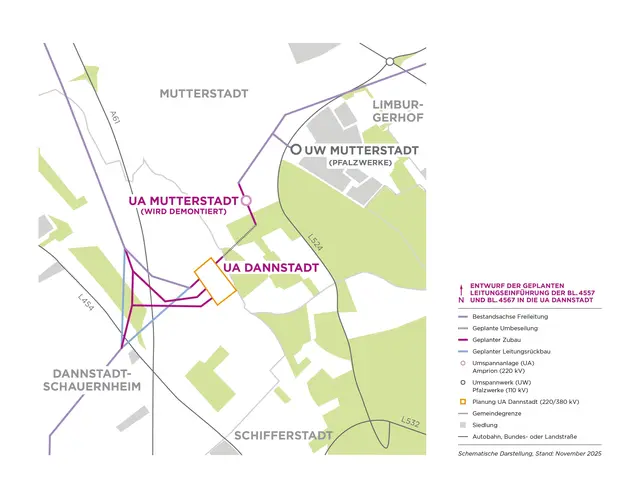 Schematische Darstellung der Leitungseinführung und Umspannanlage Dannstadt.

 | Foto: Amprion