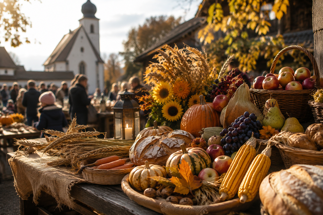 Wann ist Erntedankfest 2026? Das Erntedankfest findet in den römisch-katholischen Gemeinden am ersten Oktobersonntag statt, in der evangelischen Kirche wird das Erntefest in manchen Jahren auch schon Ende September gefeiert. | Foto: Stephanie Walter - erstellt mit KI