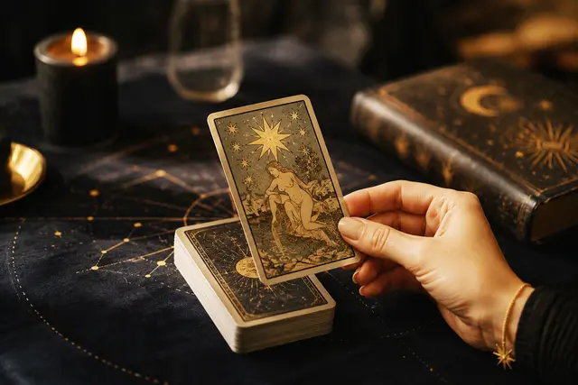 Hand zieht eine Tarotkarte von einem Stapel auf dunklem Tuch mit Sternenmuster bei Kerzenlicht