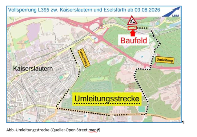 Autofahrer müssen während der Bauarbeiten auf der L395 der ausgeschilderten Umleitung über Kaiserslautern folgen  | Foto: LBM KL/Quelle: Open Street map/gratis