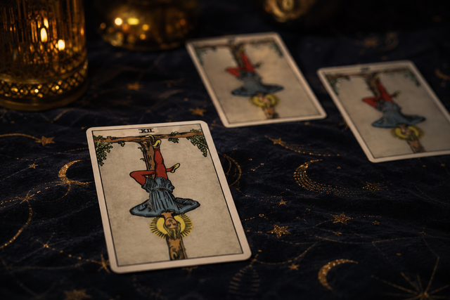 Mehrfach liegende Tarotkarten Der Gehängte auf dunklem Tuch mit Sternenmuster bei warmem Licht