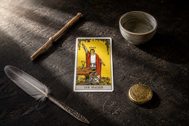Tarotkarte ‚Der Magier‘ auf einem dunklen Steintisch, umrahmt von einem hölzernen Stab, einer Keramikschale mit Wasser, einer Feder mit silbernem Griff und einer goldenen Münze im Streiflicht der Morgensonne.