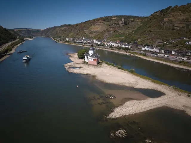 Hier lässt sich der niedrige Wasserstand des Rheins gut erkennen. | Foto: Thomas Frey/dpa