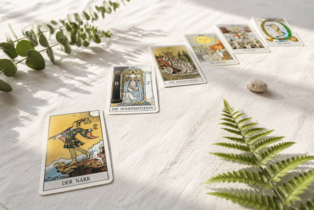 Mehrere Tarotkarten der Großen Arkana liegen in einer geschwungenen Linie auf hellem Leinen, umgeben von grünen Farnblättern im sonnigen Tageslicht.