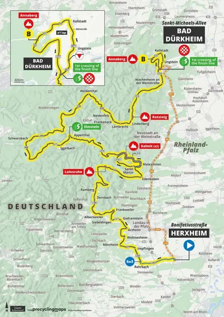 Die Strecke der dritten Etappe von Herxheim nach Bad Dürkheim | Foto: Lidl Deutschland Tour/procyclingmaps
