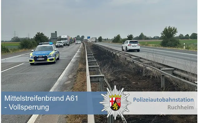 Auf der A61 bei Dannstadt brannte am Donnerstagnachmittag ein rund 50 Meter langer Mittelstreifen. Wegen starker Rauchentwicklung sperrten Polizei und Feuerwehr die Autobahn kurzzeitig in beide Fahrtrichtungen. | Foto: Polizeidirektion Neustadt/Weinstraße
