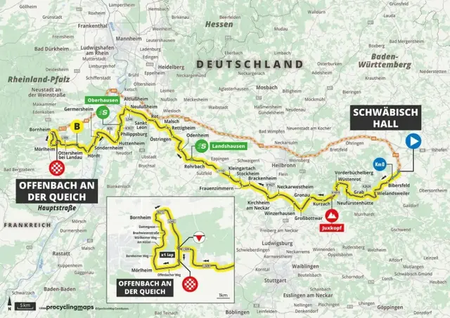 Die Strecke der zweiten Etappe von Schwäbisch Hall nach Offenbach an der Queich | Foto: Lidl Deutschland Tour/procyclingmaps