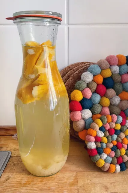 Gesüßtes Wasser, Kefirkristalle und Mangostreifen machen den Wasserkefir zu einem prickelnden Durstlöscher. | Foto: Ricarda Dieckmann/dpa-mag