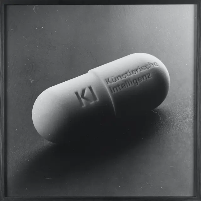 Was macht eine KI (Dall E3) aus "Künstlerischere Intelligenz" (Prompt: Foto eine weiße Kapsel mit Aufschrift KI (Künstlerische Intelligenz) mit einfarbigem Hintergrund schwarz), wenn sie von dem Bilderforscher, Künstler und gute aussichten Preisträger Maximilian Gessler gefüttert wird? | Foto: Maximilian Gessler, (KI) Künstlerische Intelligenz, 2024, www.guteaussichten.org