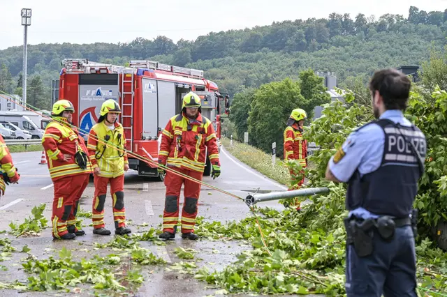 Die Ampel wurde bei einer heftigen Gewitterzelle durch einen umstürzenden Baum zu Fall gebracht.  | Foto: Fotoreport-DB/onw-images/dpa
