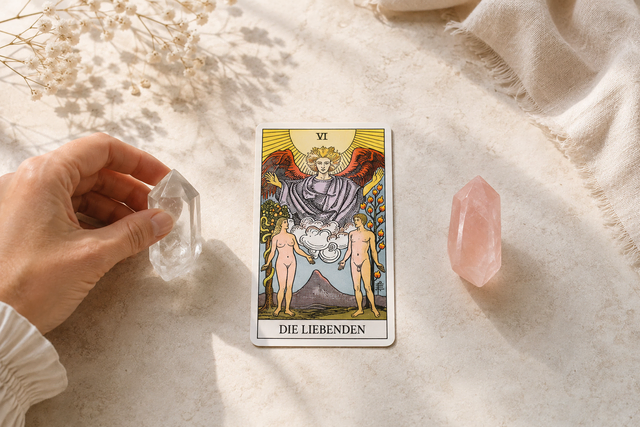 Die Tarotkarte ‚Die Liebenden‘ liegt in warmem, goldenem Licht auf hellem Untergrund, umrahmt von einem Bergkristall, einem Rosenquarz und einer Hand