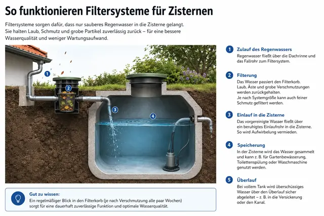 Regenwasser sammeln: So funktioniert ein zugängliches Filter, allerdings sollte der Zulauf besser tief liegen. Über die Pumpe lässt sich das Wasser in Tonnen im Garten pumpen oder abpumpen, wenn die Zisterne zu voll wird.  | Foto: Julia Glöckner