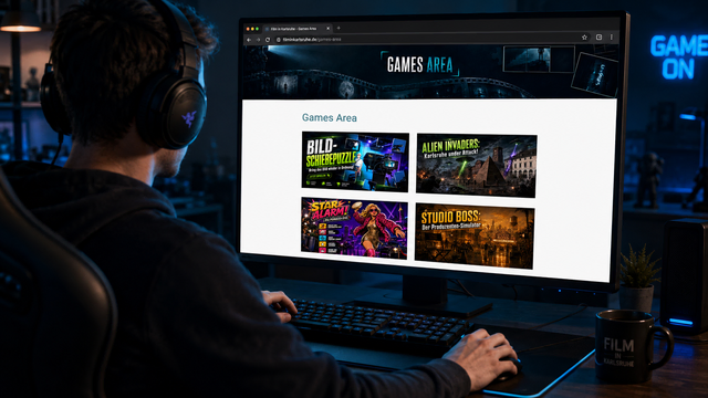Die neue Games Area auf Film in Karlsruhe lädt mit vier kostenlosen Browsergames zum Spielen ein – vom Bild-Schiebepuzzle über Alien-Abwehr und Paparazzi-Jagd bis zum eigenen Filmstudio. | Foto: Filmboard Karlsruhe / Chat-GPT / KI-generiertes Bild