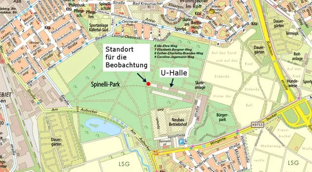 Stadtplan von Mannheim, auf dem der Spinelli-Park auf dem ehemaligen BUGA-Gelände dargestellt ist. Zusätzlich eingezeichnet ist der Beobachtungsstandort für die Veranstaltung des Planetariums zur partiellen Sonnenfinsternis. | Foto: Stadtplan und Geodaten: Stadt Mannheim, Luftbilder: Landesamt für Geoinformation und Landentwicklung - © 2023 / TopPlusOpen © Bundesamt für Kartographie und Geodäsie 2023 - Beschriftung: Planetarium Mannheim