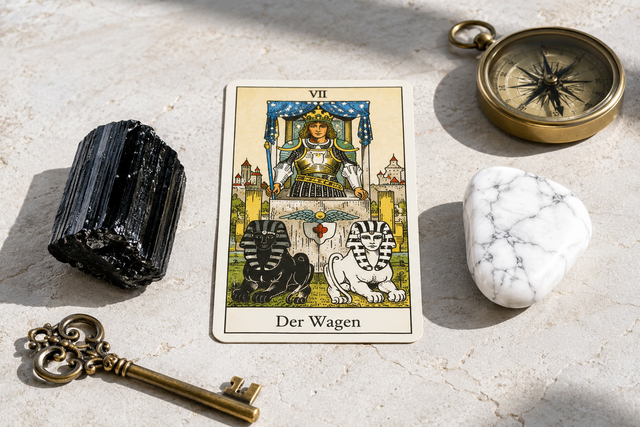 Die Tarot-Karte 'Der Wagen' liegt zwischen einem schwarzen und einem weißen Heilstein, einem antiken Schlüssel und einem Kompass auf hellem Untergrund im Sonnenlicht.