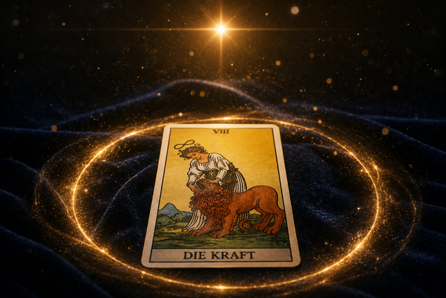 Die Tarot-Karte 'Die Kraft' (VIII) liegt im Zentrum eines glühenden goldenen Lichtkreises auf dunkelblauem Samt, umgeben von feinen Lichtpartikeln.