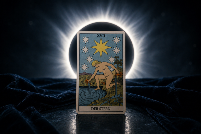 Die Tarot-Karte 'Der Stern' steht zentral vor einer totalen Sonnenfinsternis auf dunkelblauem Samt, hinterleuchtet von der strahlenden Korona.