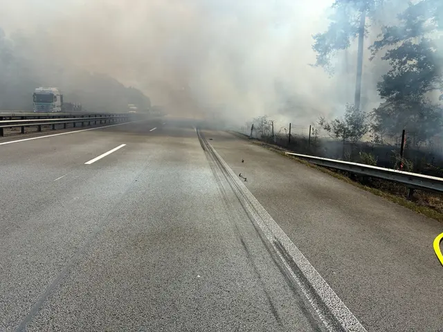 Die Löscharbeiten in dem Waldstücken neben der Autobahn laufen derweil.  | Foto: Handout / Berlin/Polizeiautobahnstation Ruchheim/dpa